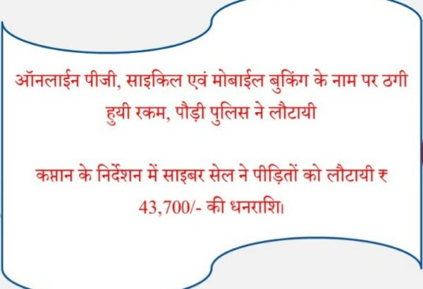 साइबर पुलिस ने ऑनलाईन ठगी की 43,700 रुपये की रकम लौटायी