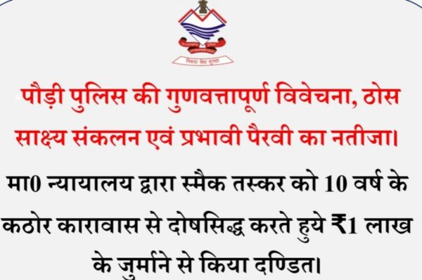 स्मैक तस्कर को मिला 10 वर्ष का कठोर कारावास साथ ही लगा 1 लाख का जुर्माना